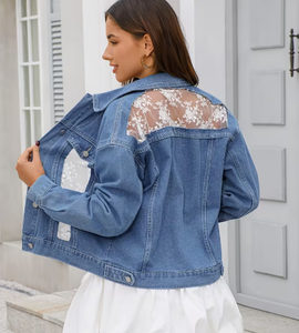 Hardihood International Women's Denim <b>Jacket</b> Breathable Distressed Lace Trim Contrast Cuffs Hem Floral Print Formal Spring Style - Product Image 2