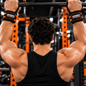 ผ้าพันข้อมือยกน้ำหนัก Rhino Fitness สีดำส้ม ทำจากผ้าฝ้าย พร้อมห่วงนิ้วโป้ง สำหรับมือซ้าย - Product Image 3