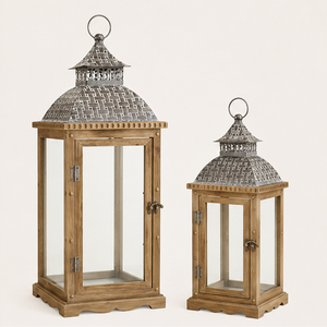 <b>Set</b> of 2 Rustic Wooden Decorative <b>Lanterns</b> with Distressed Brown Finish and Metal Hut Top Vintage Farmhouse Floor Candle Holder - Product Image 4