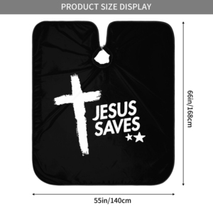 Capa de Peluquería Jesus Saves Negra con Diseño de Cruz Blanca y Texto, Característica Antiadherente al Cabello - Product Image 2