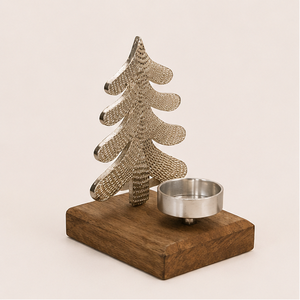 Handmade Christmas Tree Metal <b>Tea</b> Light Candle Holder With Rustic Wooden Base Premium Silver Aluminum Xmas Table Centerpiece - Product Image 1