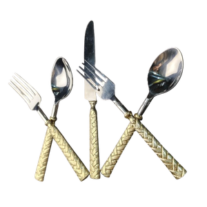 Elegant Basket Weave Pattern Gold Handle Cutlery <b>Set</b> Premium Stainless Steel <b>Knife</b>, <b>Fork</b>, <b>and</b> Spoon <b>Set</b> for High End Hotel - Product Image 1