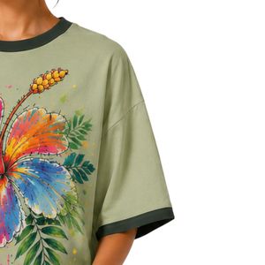 เสื้อยืดโอเวอร์ไซส์สีเขียวเซจสำหรับผู้หญิง พิมพ์ลายดอกไม้สีสันสดใส เสื้อยืดลำลองผ้าฝ้ายสำหรับฤดูร้อน รับทำโลโก้ตามสั่ง OEM ODM ขายส่ง - Product Image 4