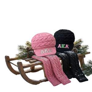 Gorro de invierno de punto trenzado negro AKA con letras bordadas en rosa y verde, suave y cálido, para mujer, color negro - Product Image 5