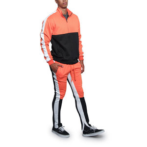 Ensemble de survêtement pour homme, orange et noir, à blocs de couleur, manches longues, col montant, style sportif, pour l'automne, en polyester et coton respirant - Product Image 4