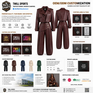 Ensemble de survêtement en cuir PU marron pour femme Twill Sports, manches longues, fermeture éclair sur le devant, coupe ample élégante pour l'automne - Product Image 6