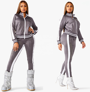 Urban Wear ชุดวอร์มแบบมีซิปสำหรับผู้หญิง,ชุดวอร์มแบบมีซิปด้านหน้าคอและสายรัดด้านข้างเหมาะสำหรับผู้หญิงที่มีแถบด้านข้าง - Product Image 6