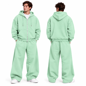 Premium Custom Logo Oversized 100% Cotton <b>Winter</b> <b>Hoodie</b> Set for Men – Zipper Sweatshirt & Wide-Leg Sweatpants Tracksuit - Product Image 5