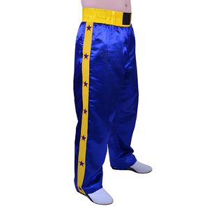 Pantalon de boxe à rayures bleues et jaunes, pantalon de kickboxing, équipement d'entraînement MMA, pantalon d'arts martiaux, pantalon de combat professionnel en satin - Product Image 3