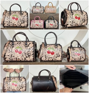 2026 Unisex New Cherry Carved Design Hand <b>Tooled</b> <b>Leather</b> Speedy Bag Genuine Cowhide <b>Leather</b> Shoulder Bags Perfect for Travel - Product Image 3