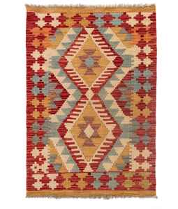 Tapis Kilim en laine tissé à la main – Tapis ethnique géométrique à tissage plat 100% laine fait main |   Tapis tissé plat tribal design - Product Image 2