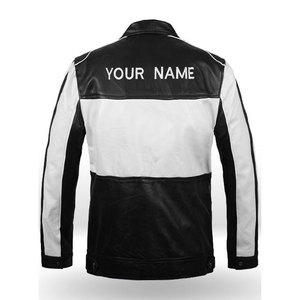 Blouson de moto en cuir véritable pour homme, noir et blanc, col rabattu, fermeture éclair, coupe classique, pour l'automne - Product Image 4