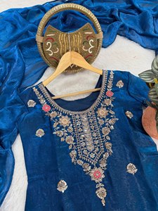 Conjunto de Salwar Kameez de Seda Azul Bordado, Traje Tradicional Étnico Indio/Pakistaní para Mujer, Ropa de Fiesta de Verano, Dupatta, Secado Rápido para Bodas - Product Image 5