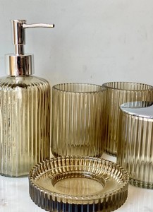 Three-piece Ribbed Glass Ceramic Eco-Friendly Bathroom Accessories <b>Set</b> <b>Soap</b> Dispenser Toothbrush Holder <b>Soap</b> Dish Cotton Jar - Product Image 6