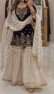 Salwar Sharara pour femme, fait main, moderne, ethnique, en faux georgette et sequins, pour l'hiver et l'été, idéal pour les festivals, Diwali, les mariages et les remises de diplômes. - Product Image 3
