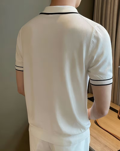 Men's Short Sleeve Solid Color Knitted Polyester/Cotton for Shirt Breathable Casual Regular Fit 180g White Black Trim Collar - Product Image 5