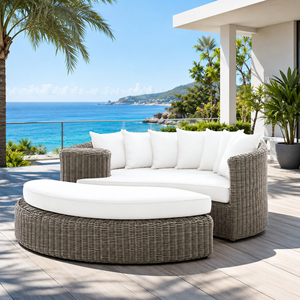 Chaise longue d'extérieur moderne en rotin tressé avec coussins blancs confortables, mobilier de jardin en rotin PE de qualité supérieure pour jardin, bord de piscine - Product Image 1