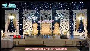 Royal Radha Krishna tema boda escenario decoración gran gujarati boda evento escenario tradicional oro blanco boda StageUK - Product Image 3