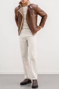 Blouson de moto en daim et peau de mouton de qualité supérieure pour homme, en cuir souple brodé, col montant, fourrure d'hiver, logo personnalisable sur le devant - Product Image 2