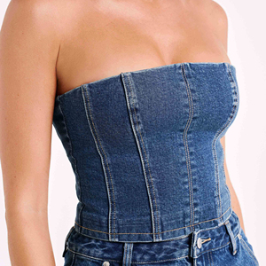 Nouveaux ensembles 2 pièces en jean sexy pour femmes, hauts bustier en denim, style coréen, collection hiver, prix de gros bas, OEM - Product Image 1