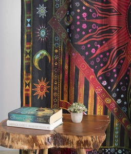 Rideaux Mandala Indiens Artisanaux Soleil et Lune, Style Hippie Bohème Teinture Type Dye, pour Fenêtre, Porte, Séparateur de Pièce, Balcon, Cantonnière - Product Image 2