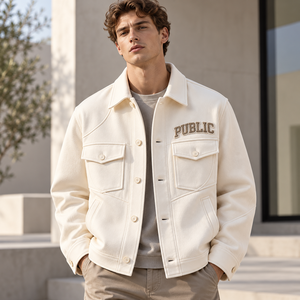 Veste Trucker à Col pour Homme, Logo Brodé en Chenille Personnalisé, Boutonnée, Manteau Décontracté en Tissu pour Homme, Commande en Gros OEM ODM - Product Image 1