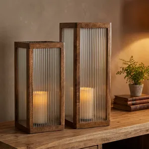 Juego de Portavelas de Vidrio y Madera Modernos con Paneles de Vidrio Acanalados, Faroles Decorativos Rústicos para Decoración del Hogar en Interiores y Exteriores - Product Image 3