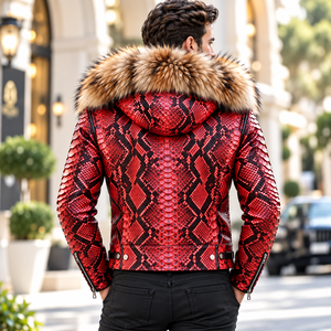 Luxury Men's Python Leather <b>Jacket</b> with Real Fox <b>Fur</b> <b>Hood</b> | Herren Lederjacke | Chaqueta Hombre de Cuero Python - Product Image 2