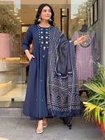 Robe décontractée pour femme, bleu marine, en coton, longueur cheville, coupe classique, brodée, séchage rapide, pour le printemps, l'été et l'automne, Inde