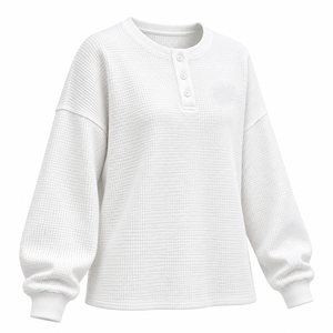 Women's <b>White</b> Oversized Knit Henley Pullover <b>Long</b> <b>Sleeve</b> Cotton <b>Top</b> Button Up Collar Autumn Style - Product Image 3