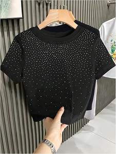 T-shirt court en coton pour femme avec strass, coupe ajustée, tee-shirt scintillant pour femme, logo personnalisé, streetwear, fabricant OEM - Product Image 3