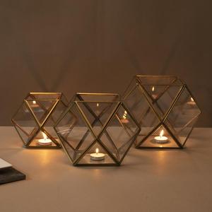 Nordic Style Geometric Gold Glass Candle Holder <b>Tea</b> <b>Light</b> <b>Lantern</b> For Table Decor Luxury Wedding Party Decorative Centerpiece - Product Image 1