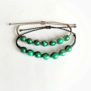 Handmade Macrame Malachite <b>Bracelet</b> Set Natural Green Gemstone Beads Black Beige Cord <b>Adjustable</b> Boho Jewelry - Product Image 1