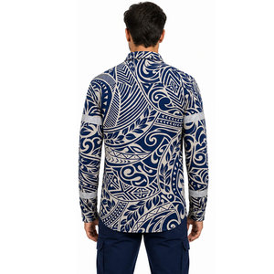 เสื้อเชิ้ตทำงานแขนยาวลายชนเผ่าสีน้ำเงินขาวสำหรับผู้ชาย ผ้าฝ้ายระบายอากาศ พิมพ์ลายดิจิทัล แฟชั่นยูนิฟอร์ม - Product Image 5