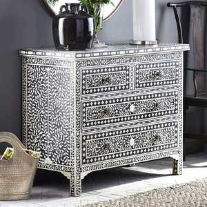 Buffet contemporain bleu avec incrustations en os, tiroirs de rangement, détails en agate, commode en bois à trois niveaux pour salon - Product Image 5