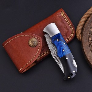 Nordic Forge Industrial Grade Damascus Steel Folding Blade Knife Black Resin Pakka Wood Handle Sheath Pocket EDC Hunting Knife - Product Image 5