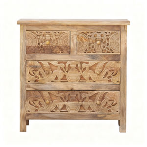Cómoda Tradicional India Tallada a Mano, Resistente, con 4 Cajones de Estilo Oriental, Hecha con Madera de Mango Sólida - Product Image 6