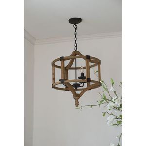 Lampadario pendente a tamburo in legno a 3 luci regolabile per sala da pranzo o lampadina non inclusa - Product Image 1