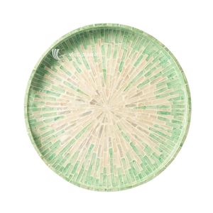 Bandeja de Servir Redonda con Incrustaciones de Madreperla, Hecha en Vietnam, de Lujo, Color Verde Menta, con Mosaico de Conchas Solares, Plato Decorativo - Product Image 1