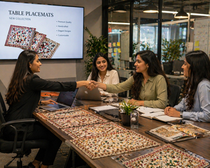 Beige Floral Hand Block Print Table Mat Set Pure Cotton Placemats Export Quality Washable Dining Decor Handmade Masterpiece Set - Product Image 3