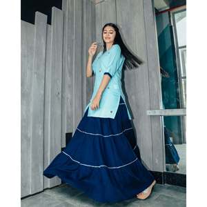 Robe-jupe pour femme en rayonne et mousseline, brodée à la main, taille naturelle, confortable, bleu aquatique, avec Potli, taille XS - Product Image 3