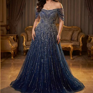 ซัพพลายเออร์ B2B ชุดราตรีหรูหราประดับเลื่อม แขนกุด คอสูง ทรงเมอร์เมด สีน้ำเงินกรมท่า สำหรับเจ้าของร้านบูติก - Product Image 1