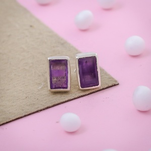 Natural Amethyst Purple Bezel set Rectangular <b>Stud</b> Earrings Gemstone Sterling <b>Silver</b> Handmade Birthstone <b>Studs</b> - Product Image 1