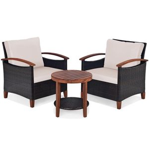 Set di 3 Mobili da Giardino in Rattan con Cuscini Lavabili e Piano in Legno di Acacia per Uso Esterno - Product Image 4