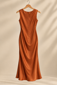 Elegant Cowl Neck Sleeveless Satin Midi <b>Dress</b> Fitted Sheath Style Solid Color Autumn Party Wear - Product Image 2