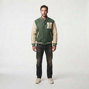 OEM Custom <b>Men's</b> Varsity <b>Jacket</b> Green and <b>Cream</b> Letterman <b>Jacket</b> with Chenille Patch Classic Retro College Baseball Coat Wholesa - Product Image 1