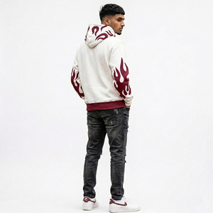 Custom Oversized <b>Men's</b> Hooded Sweatshirt White <b>Burgundy</b> Flame Print Regular Sleeve French Terry Autumn Streetwear Style - Product Image 6