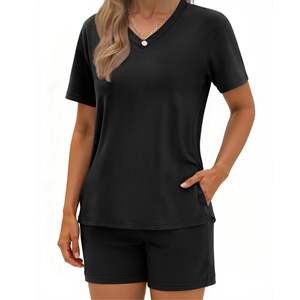Conjunto de Camiseta y Pantalones Cortos con Cuello en V para Mujer, Atuendo Casual de Verano de Dos Piezas, Ropa de Salón de Color Sólido, Proveedor Mayorista OEM - Product Image 1