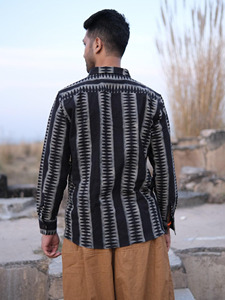 Artisan Crafted Indigo Dabu Hand-Block Printed Cotton Shirt for Men Traditional Geometric Motif Full-Sleeve Slim Fit Button-<b>Down</b> - Product Image 4