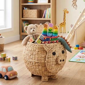 Natural Water Hyacinth Cute Pig Shaped <b>Storage</b> <b>Basket</b> Handmade Woven <b>Toy</b> Organizer Bin for Nursery, Kids Room & Home <b>Storage</b> - Product Image 4